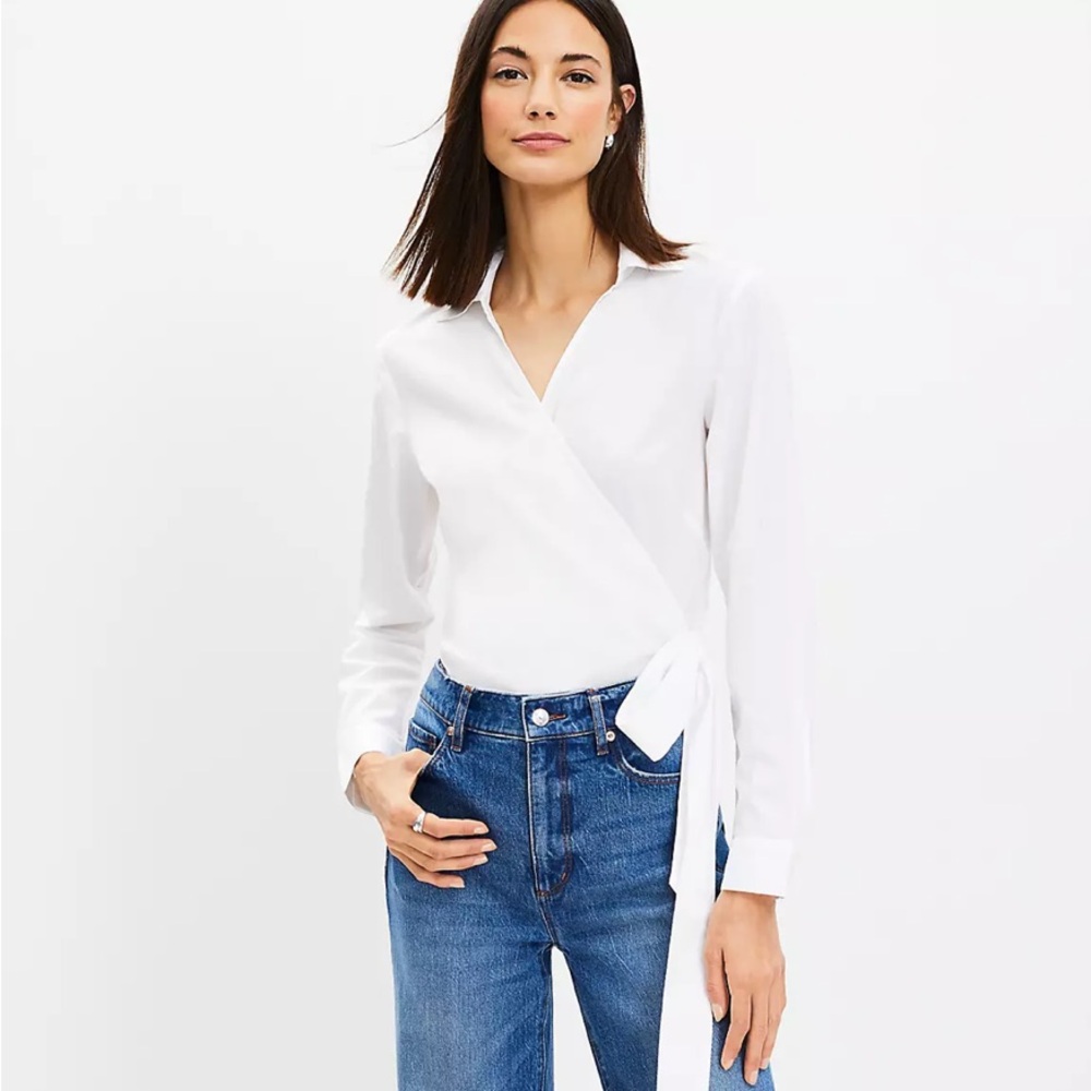White Long Sleeve Wrap Blouse with Tie Front